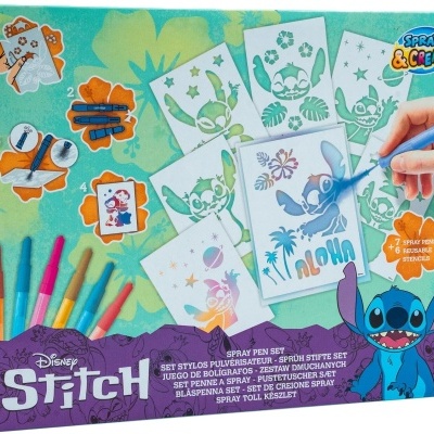 Conjunto Disney Stitch Spray Pen Set com canetas coloridas e adesivos reutilizáveis para pintar