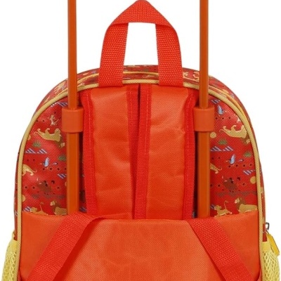 Mochila laranja para criança com carrinho telescópico e padrão de desenhos coloridos.