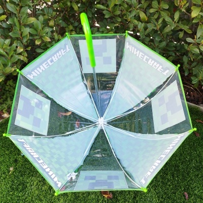 Guarda-chuva transparente com padrão Minecraft em verde e cinza com armação verde.