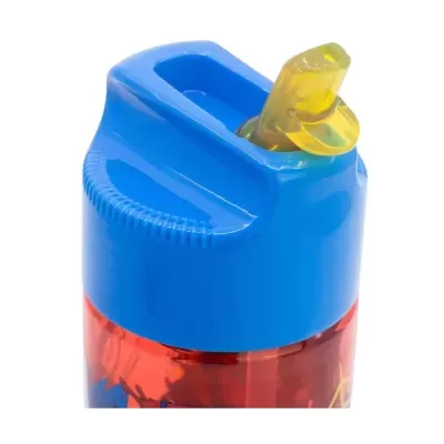Garrafa infantil plástica com tampa azul e bico amarelo