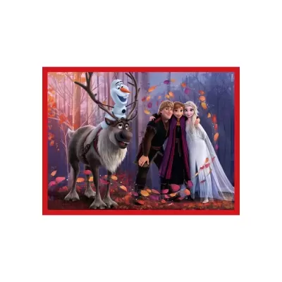 Personagens de Frozen numa floresta com folhas coloridas de outono.