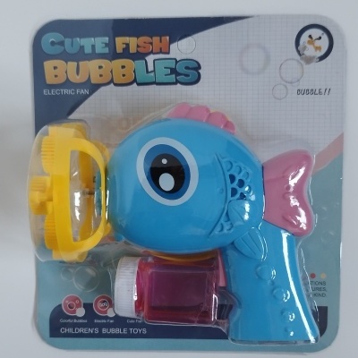 Brinquedo elétrico de bolhas em forma de peixe azul na embalagem