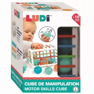 Caixa de brinquedo LUDI cubo de manipulação com bolas coloridas para bebés