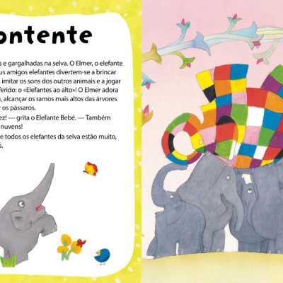 Página dupla de livro infantil com texto em português e ilustração de elefantes coloridos.