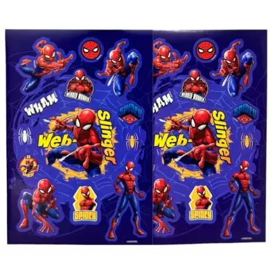 Folha de autocolantes do Homem-Aranha com várias imagens do personagem e texto colorido
