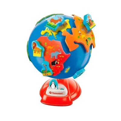 Globo terrestre de brinquedo colorido com peças removíveis e suporte vermelho