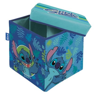 Caixa azul com imagens do Stitch e folhas decorativas