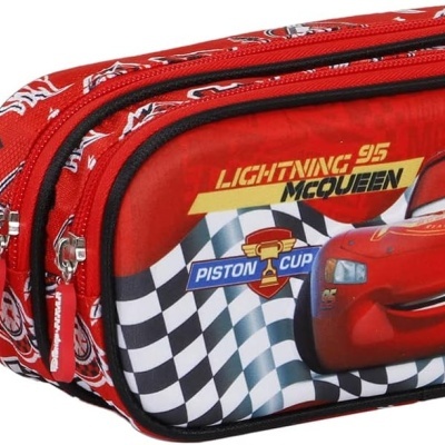 Estojo vermelho com personagem Lightning McQueen e padrão xadrez