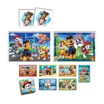 Cartas e puzzles infantis coloridos com personagens da PAW Patrol
