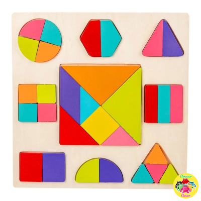 Quebra-cabeças de formas geométricas coloridas em madeira