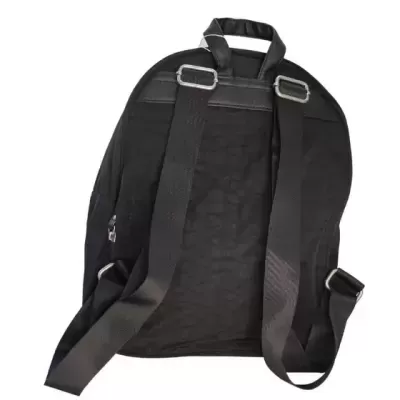 Mochila preta vista por trás com alças largas e pega superior