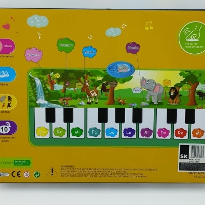 Caixa de brinquedo musical educativo com teclado e animais ilustrados