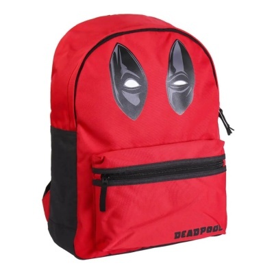 Mochila vermelha com desenhos dos olhos de Deadpool e nome na frente