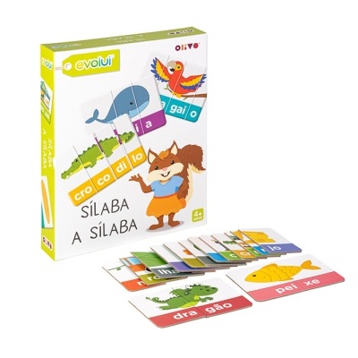Jogo educativo Sílaba a Sílaba com cartas e caixa colorida com animais