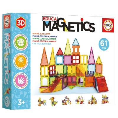 Caixa de brinquedo Educa Magnetics 61 peças coloridas translúcidas para construção 3D