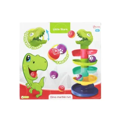 Brinquedo infantil Dino marble run colorido em caixa com ilustração de dinossauro e bolas.