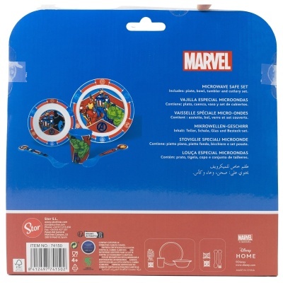 Embalagem azul com conjunto de pratos especiais para micro-ondas Marvel e imagens coloridas