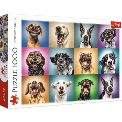 Caixa de puzzle Trefl 1000 peças com fotos de cães sorridentes em fundos coloridos