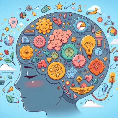 Desenho de perfil de cabeça com ícones coloridos dentro simbolizando ideias e criatividade