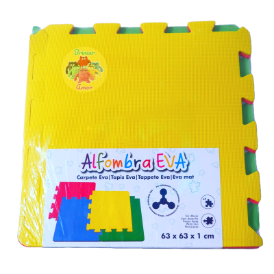 Alfombra EVA colorida quadrada com etiqueta informativa