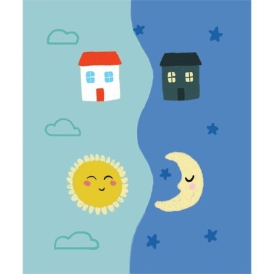 Ilustração de casas, sol e lua em fundo azul claro e azul escuro