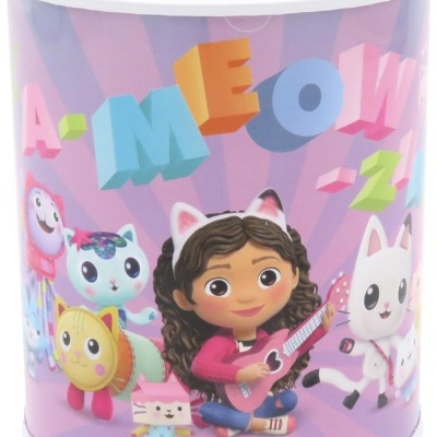 Mealheiro cilíndrico com personagens animados e texto A-MEOW-Z