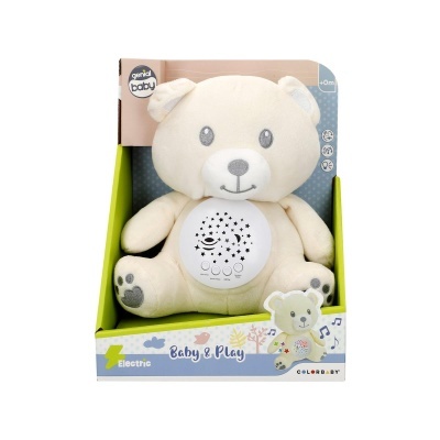 Ursinho de peluche bege em embalagem colorida