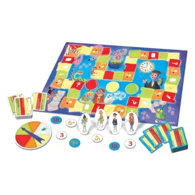 Jogo de tabuleiro com peças, cartas, roleta e marcadores numerados