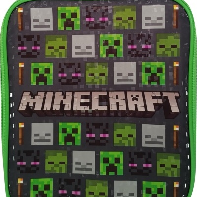 Mala escolar Minecraft com padrão pixel art e bordas verdes