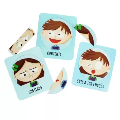 Cartas ilustradas com expressões faciais infantis e palavras em português.