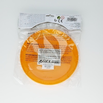 Pacote transparente com disco laranja e avisos impressos