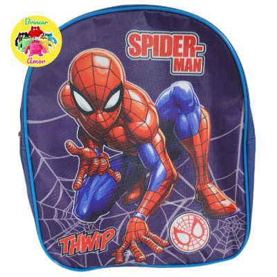Mochila infantil azul com imagem do Spider-Man e texto na frente