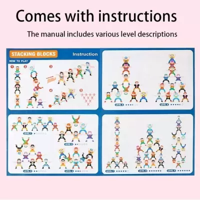 Instruções para blocos de empilhar com figuras humanas coloridas em quatro níveis de dificuldade