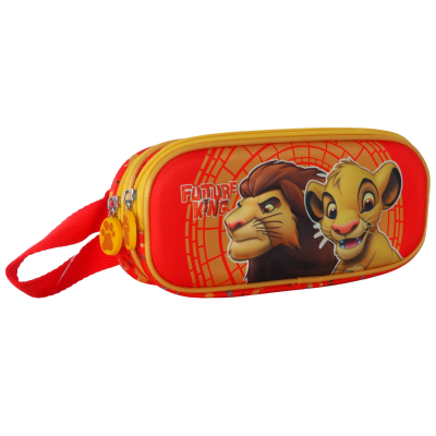 Estojo escolar vermelho e amarelo com personagens do The Lion King e texto FUTURE KING