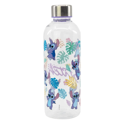 Garrafa de água transparente com desenho da personagem Stitch e folhas coloridas