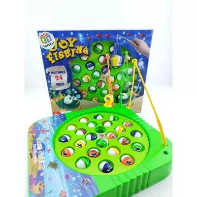 Jogo infantil de pesca com peixes coloridos e varas sobre fundo branco