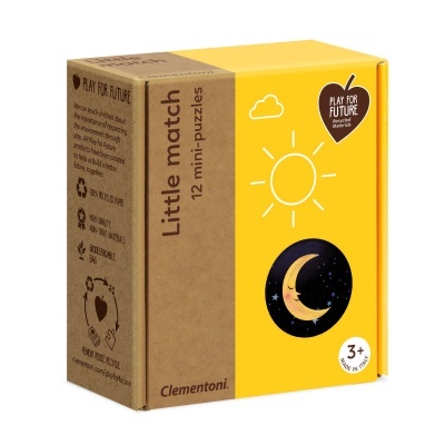 Caixa de puzzle infantil amarelo e castanho com sol e lua, texto Play For Future e indicação 3+ anos