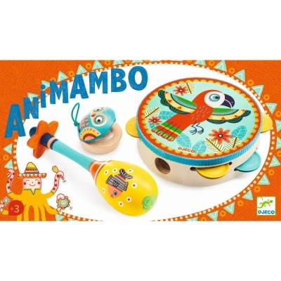 Conjunto instrumental infantil com pandeireta, maraca e sininho decorados com motivos animais coloridos