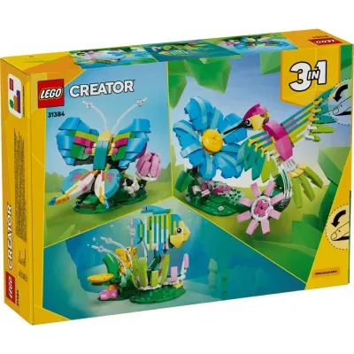 Conjunto LEGO Creator 31384 com três modelos: borboleta, beija-flor e peixe.