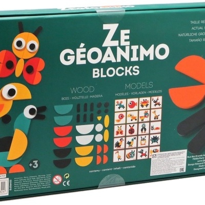 Embalagem de blocos de madeira coloridos para montar figuras do géoanimo