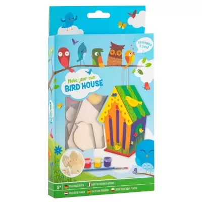 Kit para construir e pintar uma casinha de pássaros em madeira com embalagem ilustrada colorida