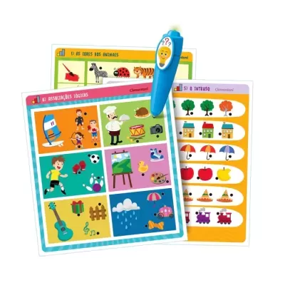 Folhas coloridas educativas com animais e objetos, e uma caneta eletrónica azul