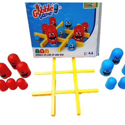 Jogo de tabuleiro com peças coloridas e embalagem azul