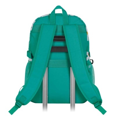 Mochila verde vista de trás com alças acolchoadas e suporte para trolley.