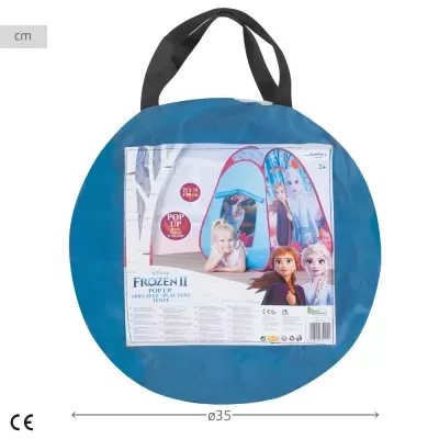 Bolsa azul com alça preta e etiqueta com imagem de tenda infantil Frozen II