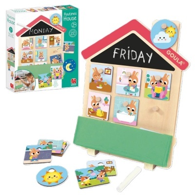 Jogo educativo de rotina diária com tabuleiro de madeira em forma de casa e peças ilustradas para crianças