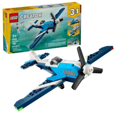 Conjunto LEGO Creator Race Plane azul e branco com hélice preta em plástico e embalagem amarela