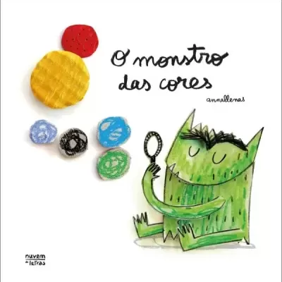 Capa de livro infantil com um monstro verde e bolhas coloridas e texto em português.