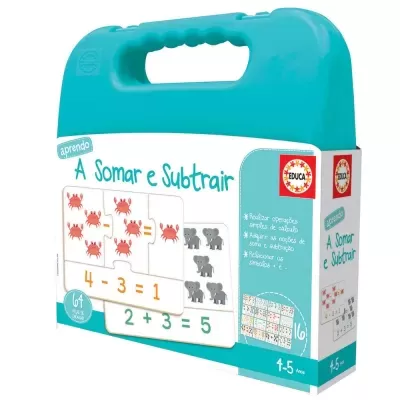 Jogo educativo para aprender a somar e subtrair com peças ilustradas e embalagem azul
