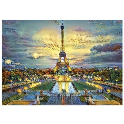 Torre Eiffel em Paris ao pôr do sol com céu dramático e reflexo